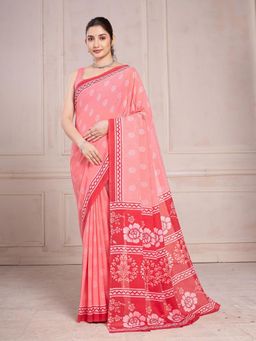 Garden VARELI - Red Floral Printed Chiffon Saree Without Blouse