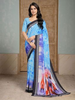 Garden VARELI - Blue Abstract Printed Crepe Saree Without Blouse