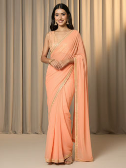 Akhilam - Women Georgette Orange Embellished Designer Saree with Unstitched Blouse