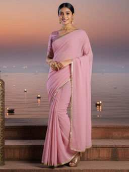 Akhilam - Women Georgette Mauve Embellished Designer Saree with Unstitched Blouse