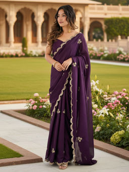 Akhilam - Women Chinon Purple Embellished Designer Saree with Unstitched Blouse