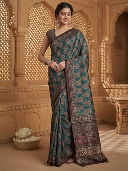 Akhilam - Women Silk Blend Teal blue Digital Print Saree with Unstitched Blouse