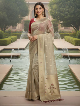 Akhilam - Women Tissue Beige Woven Design Designer Saree with Unstitched Blouse