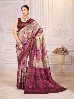 Garden VARELI - Wine Floral Printed Crepe Saree Without Blouse