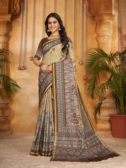 Garden VARELI - Brown Geometric Printed Crepe Saree Without Blouse