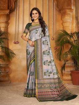 Garden VARELI - Olive Geometric Printed Crepe Saree Without Blouse