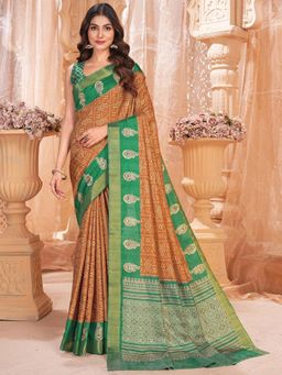 Garden VARELI - Brown Geometric Printed Slub Kota Saree Without Blouse