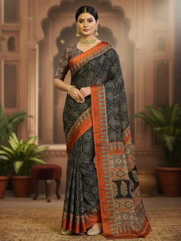 Akhilam - Women Satin Black Printed Designer Saree with Unstitched Blouse