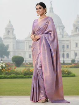 Akhilam - Women Silk Blend Lavender Woven Design Saree with Unstitched Blouse