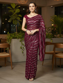 Akhilam - Women Georgette Purple Embellished Designer Saree with Unstitched Blouse