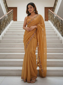 Akhilam - Women Paper Silk Mustard Embroidered Designer Saree with Unstitched Blouse