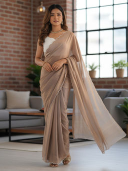 Akhilam - Women Satin Silk Bronze Woven Designer Saree with Unstitched Blouse