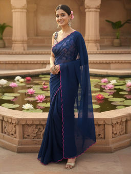 Akhilam - Women Georgette Navy Blue Solid Designer Saree with Unstitched Blouse