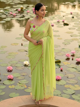 Akhilam - Women Georgette Light Green Solid Designer Saree with Unstitched Blouse