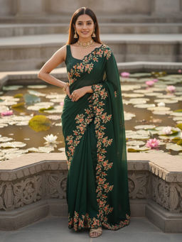 Akhilam - Women Vichitra Silk Green Embroidered Saree with Unstitched Blouse