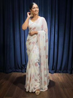 Akhilam - Women Georgette White Embellished Designer Saree with Unstitched Blouse