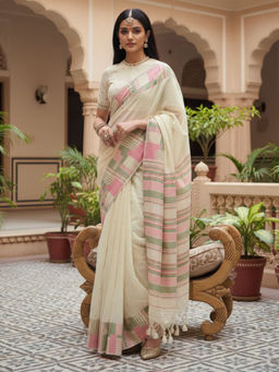 Akhilam - Women Silk Blend Cream Woven Design Designer Saree with Unstitched Blouse