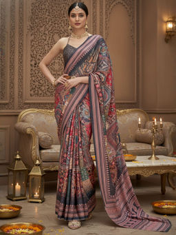 Akhilam - Women Crepe Multicolored Digital Print Saree with Unstitched Blouse