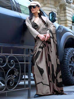 Akhilam - Women Satin Grey Printed Designer Saree with Unstitched Blouse