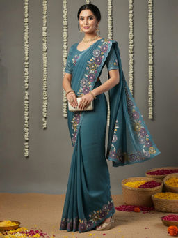 Akhilam - Women Paper Silk Blue Embroidered Designer Saree with Unstitched Blouse