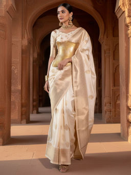 Akhilam - Women Silk Blend Off White Woven Design Saree with Unstitched Blouse