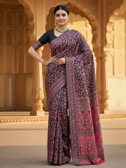 Akhilam - Women Silk Blend Black Woven Design Celebrity Saree with Unstitched Blouse