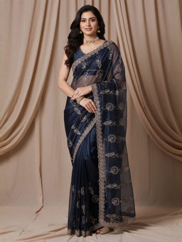 Akhilam - Women Net Navy Blue Embroidered Designer Saree with Unstitched Blouse