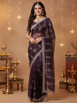 Akhilam - Women Net Purple Embroidered Designer Saree with Unstitched Blouse