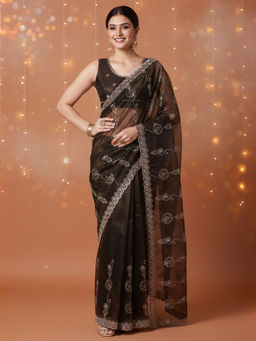 Akhilam - Women Net Brown Embroidered Designer Saree with Unstitched Blouse