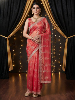 Akhilam - Women Net Orange Embroidered Designer Saree with Unstitched Blouse