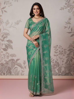 Akhilam - Women Net Teal green Embroidered Designer Saree with Unstitched Blouse