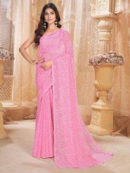 Garden VARELI - Pink Floral Printed Slub Taspa Saree Without Blouse