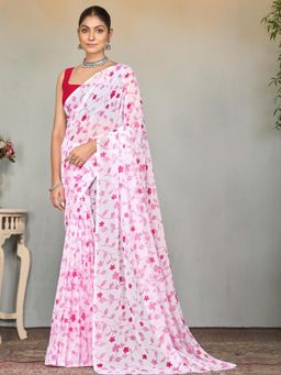 Garden VARELI - Pink Floral Printed Slub Taspa Saree Without Blouse