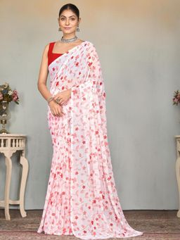 Garden VARELI - Red Floral Printed Slub Taspa Saree Without Blouse