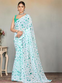 Garden VARELI - Turquoise Floral Printed Slub Taspa Saree Without Blouse
