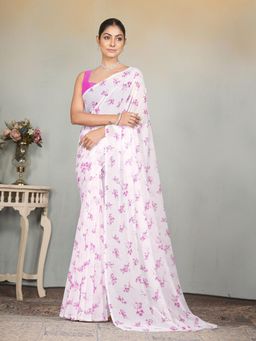 Garden VARELI - Pink Floral Printed Slub Taspa Saree Without Blouse