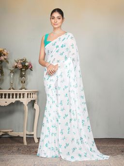 Garden VARELI - Turquoise Floral Printed Slub Taspa Saree Without Blouse