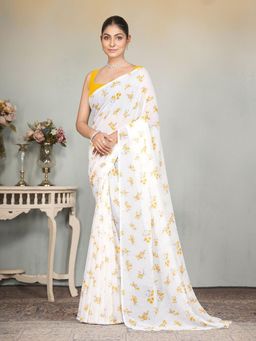 Garden VARELI - Yellow Floral Printed Slub Taspa Saree Without Blouse