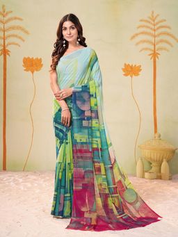 Garden VARELI - Green Abstract Printed Slub Taspa Saree Without Blouse
