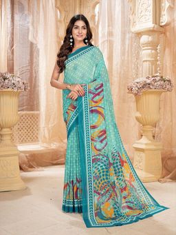 Garden VARELI - Teal Floral Printed Slub Taspa Saree Without Blouse