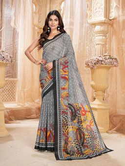 Garden VARELI - Grey Abstract Printed Slub Taspa Saree Without Blouse