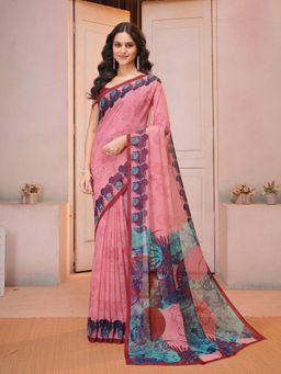 Garden VARELI - Peach Floral Printed Slub Taspa Saree Without Blouse