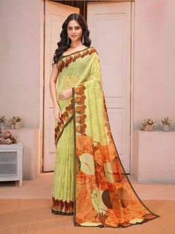 Garden VARELI - Yellow Floral Printed Slub Taspa Saree Without Blouse