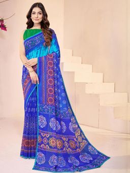 Garden VARELI - Blue Geometric Printed Slub Taspa Saree Without Blouse