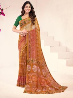 Garden VARELI - Brown Geometric Printed Slub Taspa Saree Without Blouse