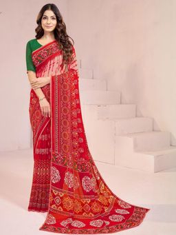 Garden VARELI - Red Printed Slub Taspa Saree With Unstitched Blouse