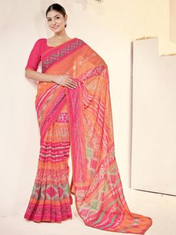 Garden VARELI - Orange Printed Slub Taspa Saree Without Blouse