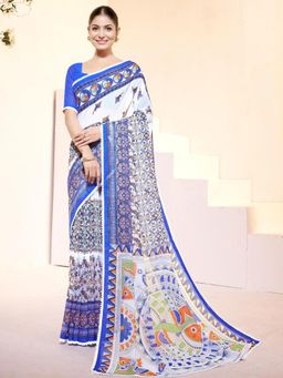 Garden VARELI - Blue Printed Slub Taspa Saree Without Blouse