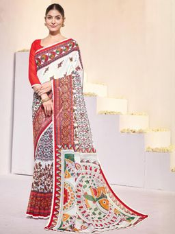 Garden VARELI - Red Indian Printed Slub Taspa Saree With Unstitched Blouse