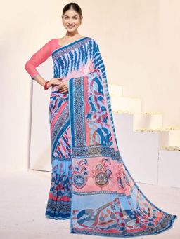 Garden VARELI - Blue Printed Slub Taspa Saree With Unstitched Blouse
